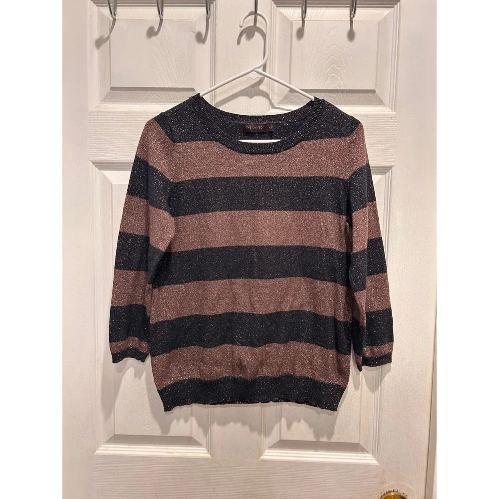 The Limited Womens Metallic‎ Striped Pullover Sweater Black Rose Gold Size L